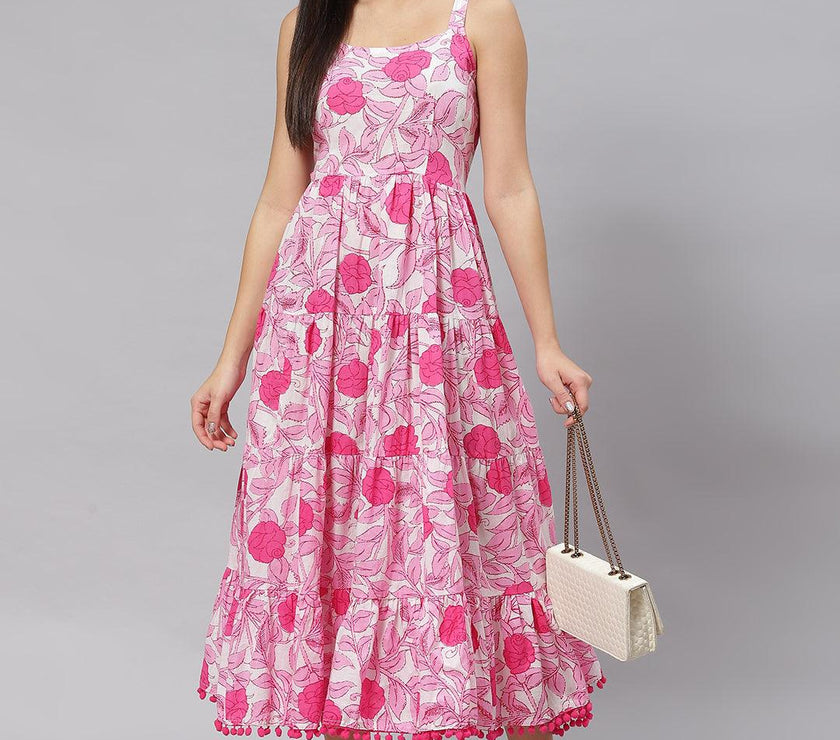 Divena white & Pink Floral Shoulder Strip Long Dress - divena world