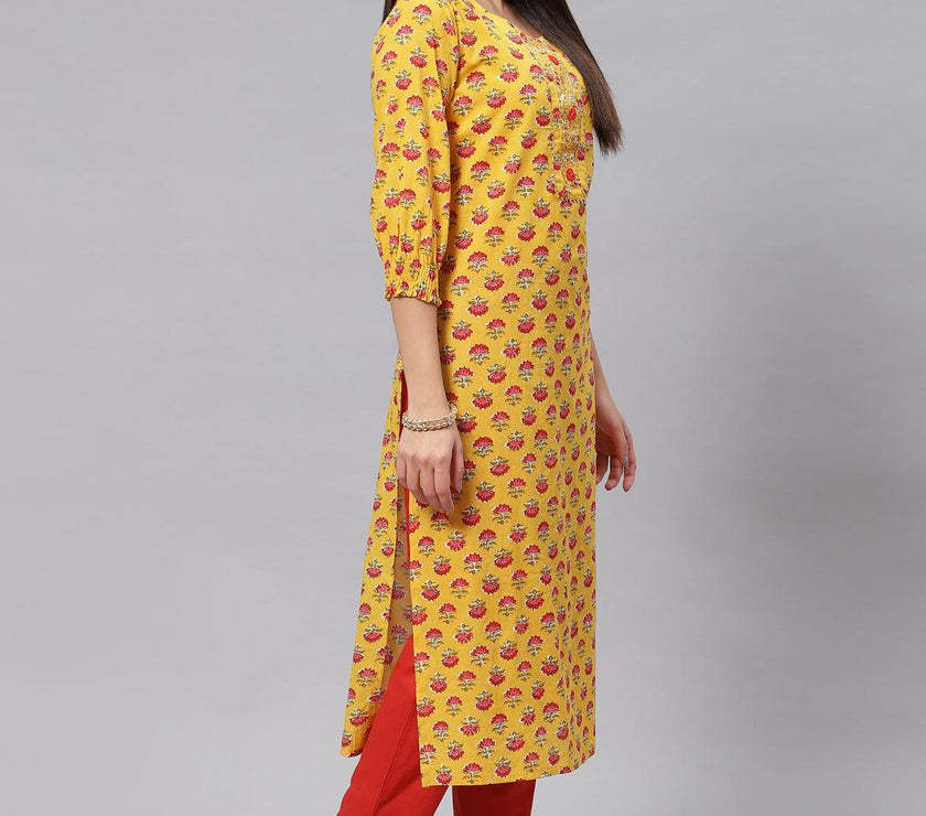 Divena Yellow Floral Cotton Kurta Pant Set with Dupatta - divena world