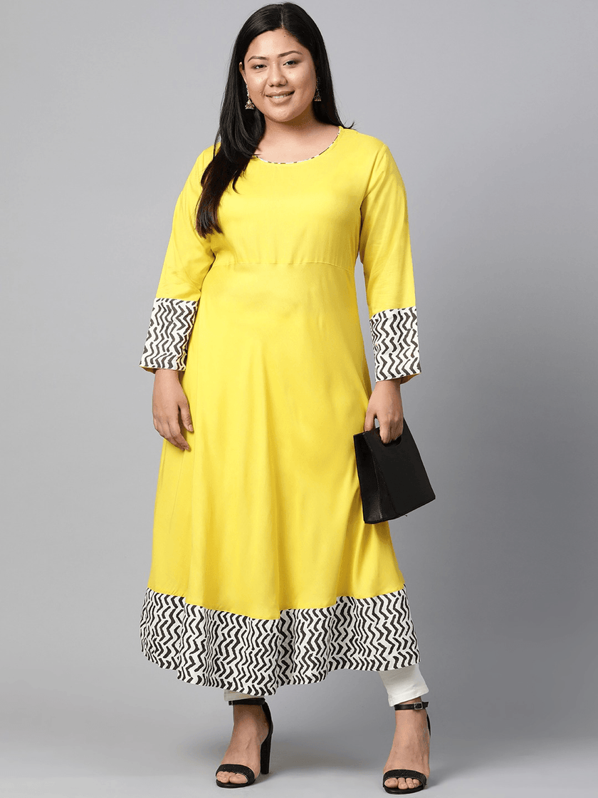 Plus Size Solid Mustard Yellow Rayon Anarkali - divena world