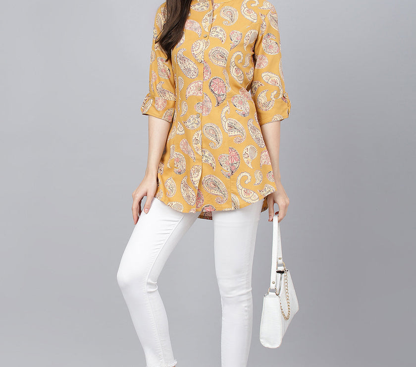 Divena Mastard Yellow Print Mandarin Collar Roll-Up Sleeves Shirt Style Top