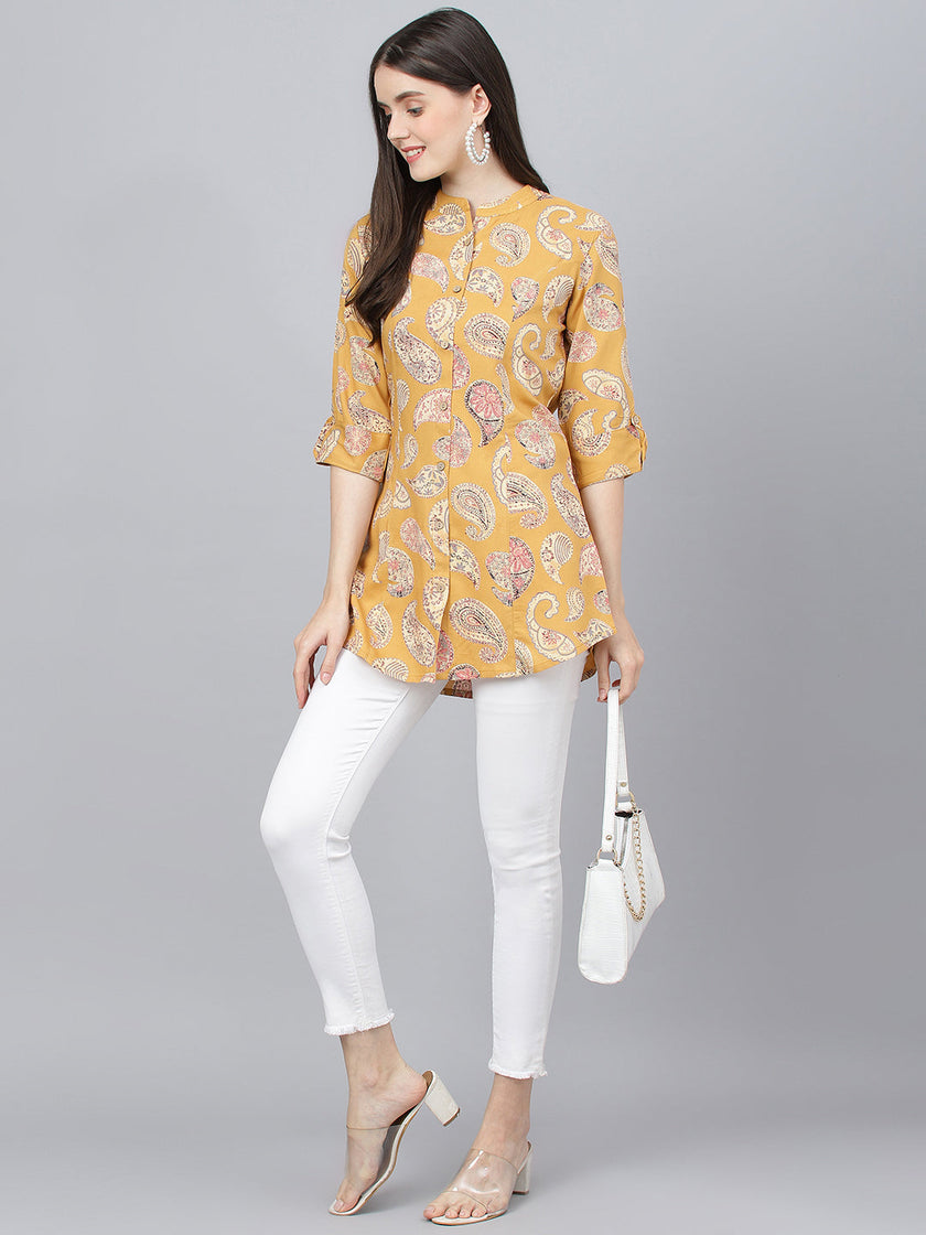 Divena Mastard Yellow Print Mandarin Collar Roll-Up Sleeves Shirt Style Top