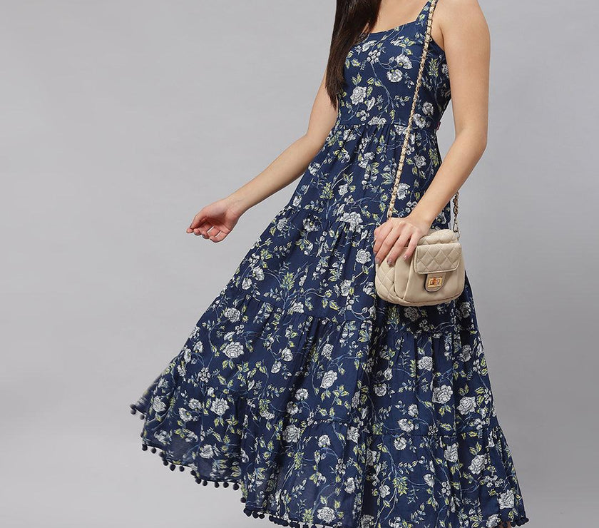 Divena Blue Floral Shoulder Strip Long Dress - divena world