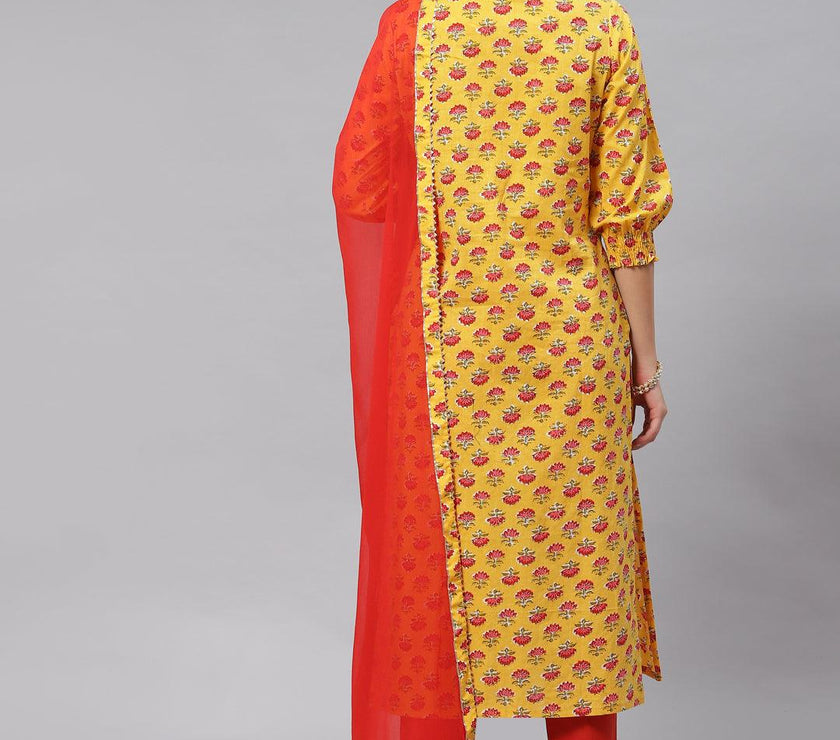 Divena Yellow Floral Cotton Kurta Pant Set with Dupatta - divena world