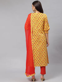 Divena Yellow Floral Cotton Kurta Pant Set with Dupatta - divena world