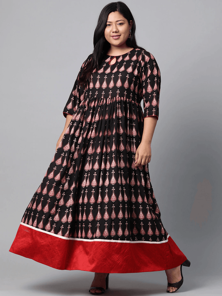 Plus Size Black Printed Cotton Floor Length Anarkali Kurta - divena world