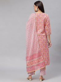 Divena Pink Cotton kurta Pant set with Dupatta - divena world