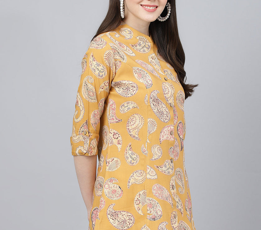 Divena Mastard Yellow Print Mandarin Collar Roll-Up Sleeves Shirt Style Top