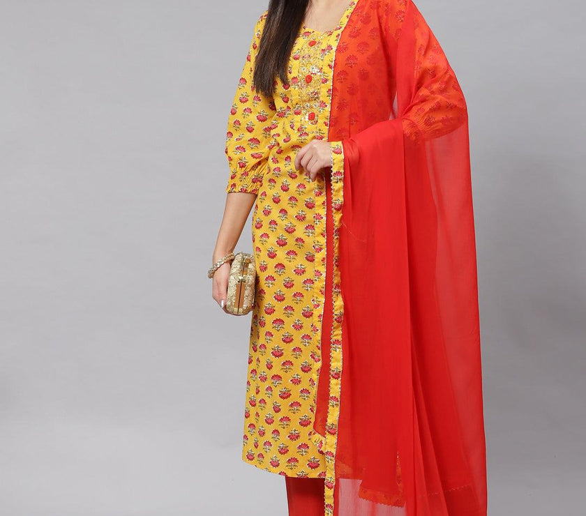 Divena Yellow Floral Cotton Kurta Pant Set with Dupatta - divena world