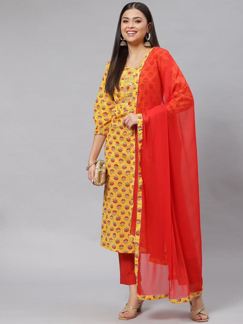 Divena Yellow Floral Cotton Kurta Pant Set with Dupatta - divena world