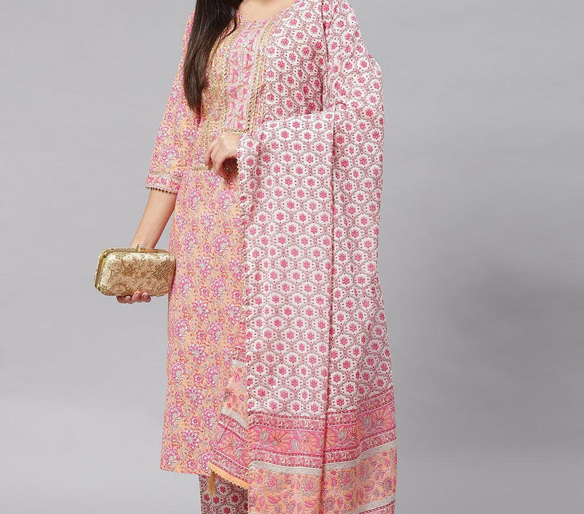 Divena Pink Cotton kurta Pant set with Dupatta - divena world