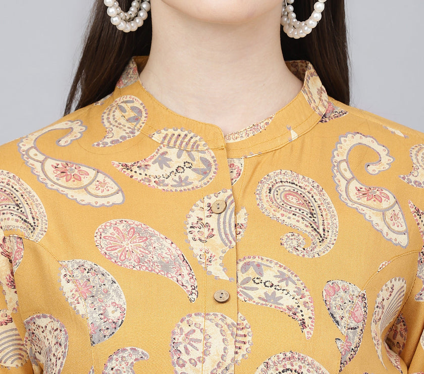 Divena Mastard Yellow Print Mandarin Collar Roll-Up Sleeves Shirt Style Top