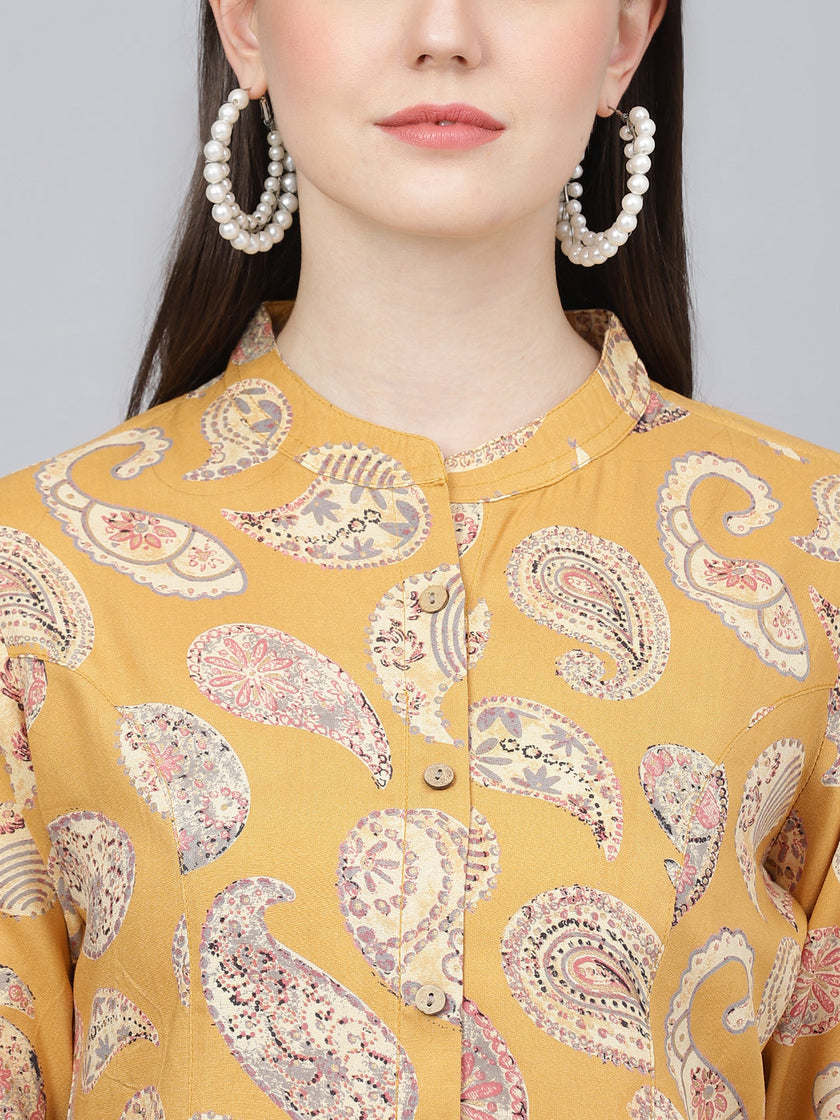 Divena Mastard Yellow Print Mandarin Collar Roll-Up Sleeves Shirt Style Top