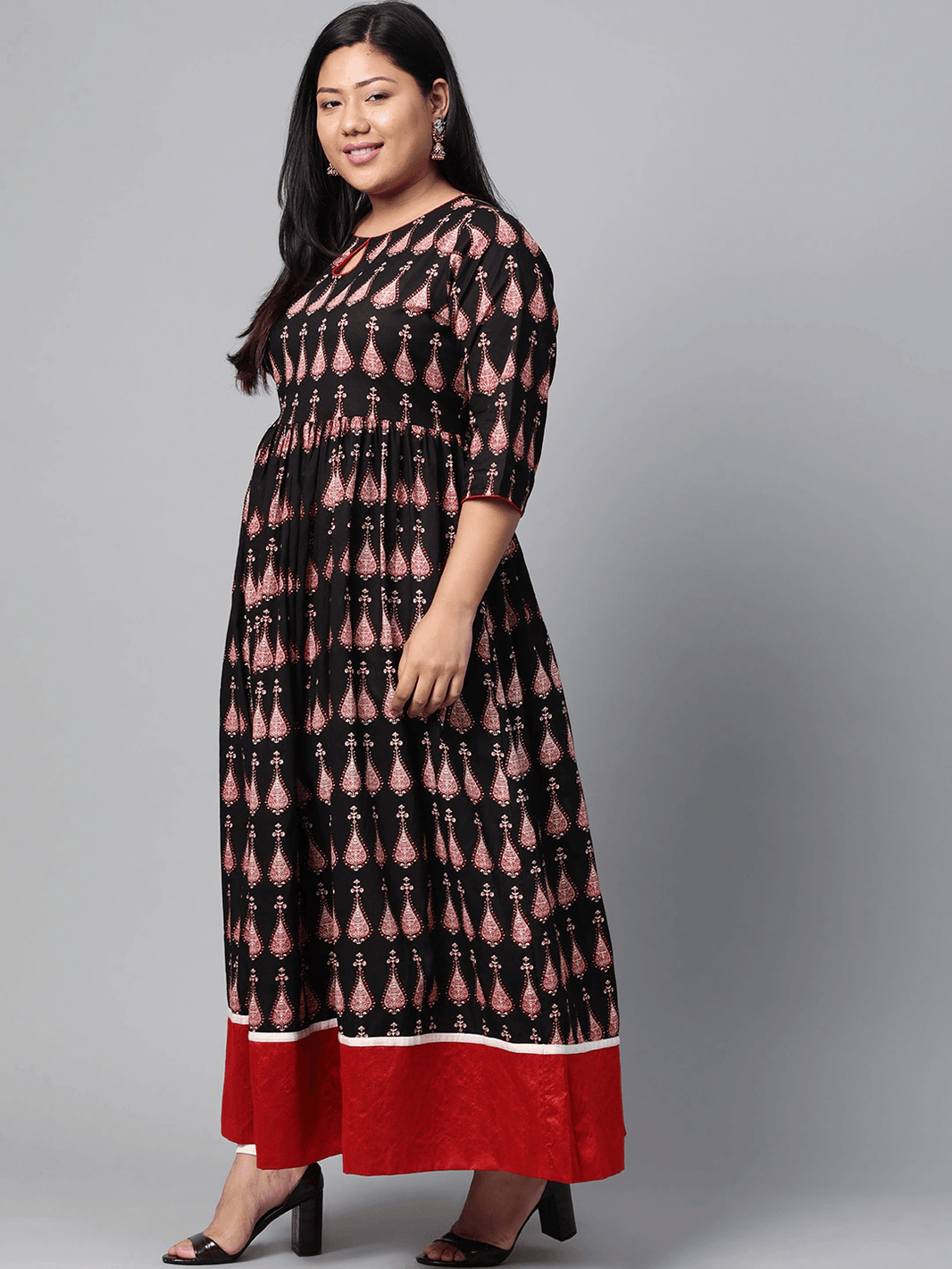 Plus Size Black Printed Cotton Floor Length Anarkali Kurta - divena world