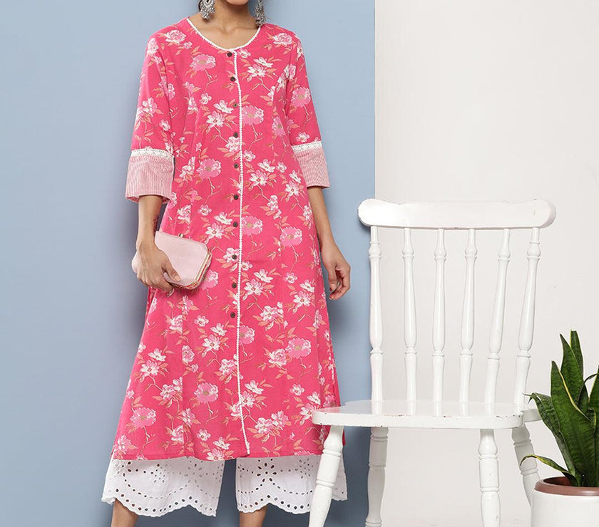 Divena Pink Floral cotton flex A-Line Kurta - divena world