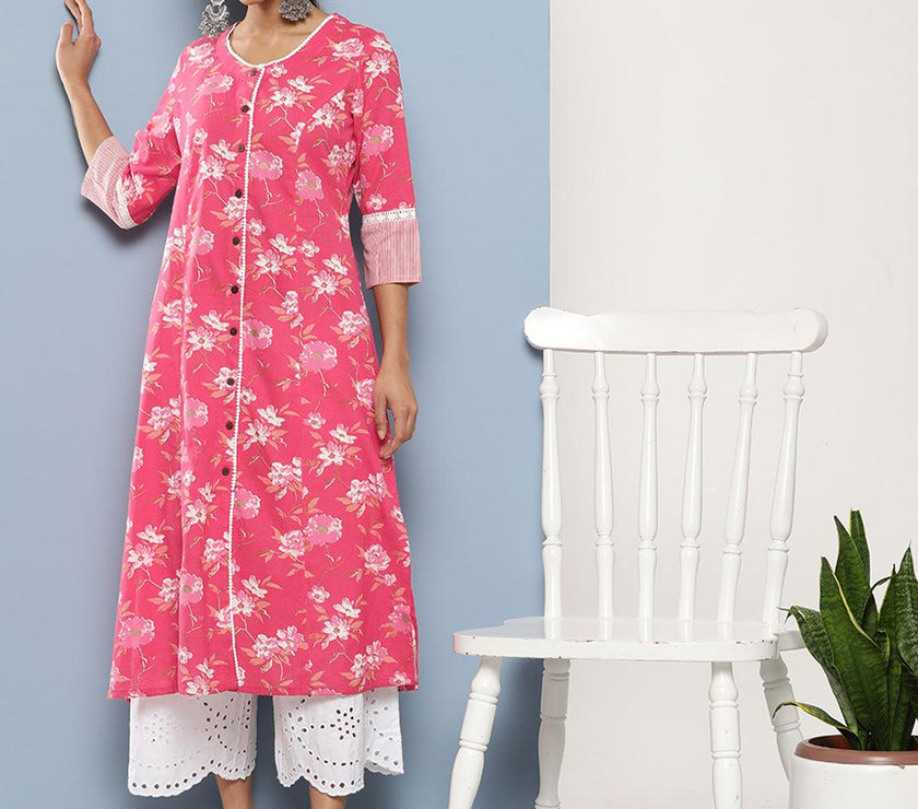 Divena Pink Floral cotton flex A-Line Kurta - divena world