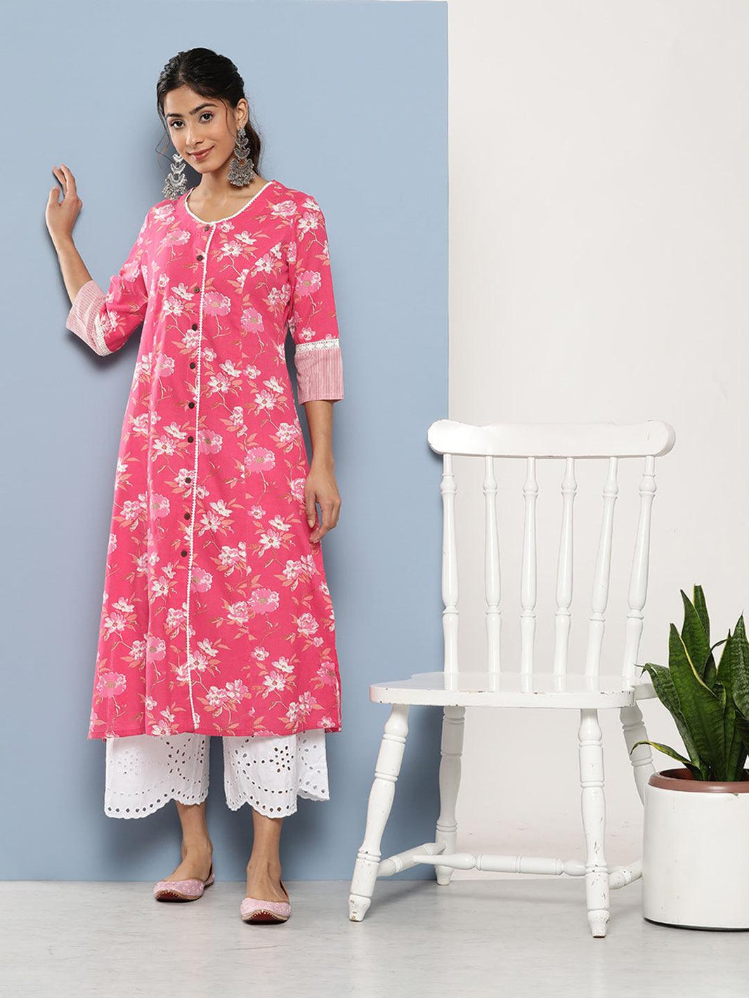 Divena Pink Floral cotton flex A-Line Kurta - divena world