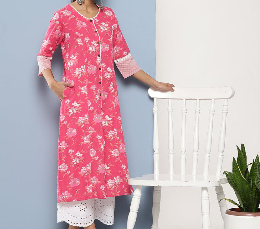 Divena Pink Floral cotton flex A-Line Kurta - divena world