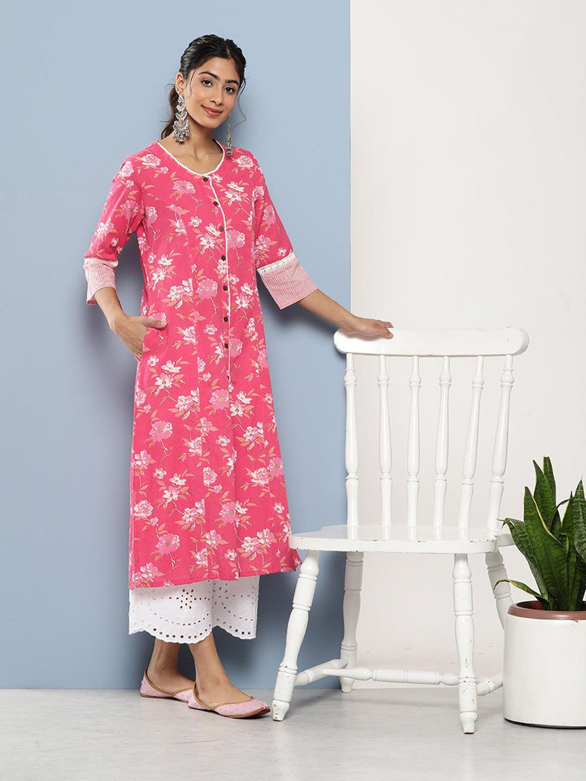 Divena Pink Floral cotton flex A-Line Kurta - divena world