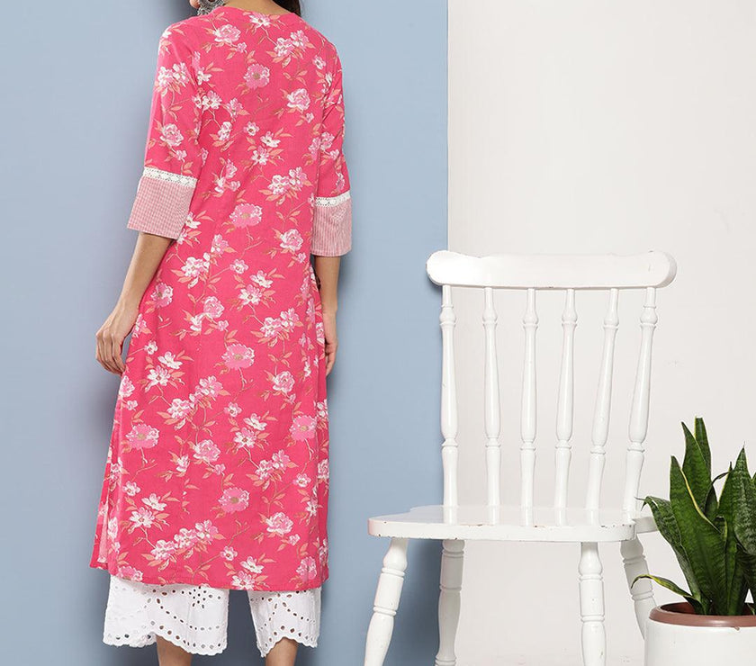 Divena Pink Floral cotton flex A-Line Kurta - divena world