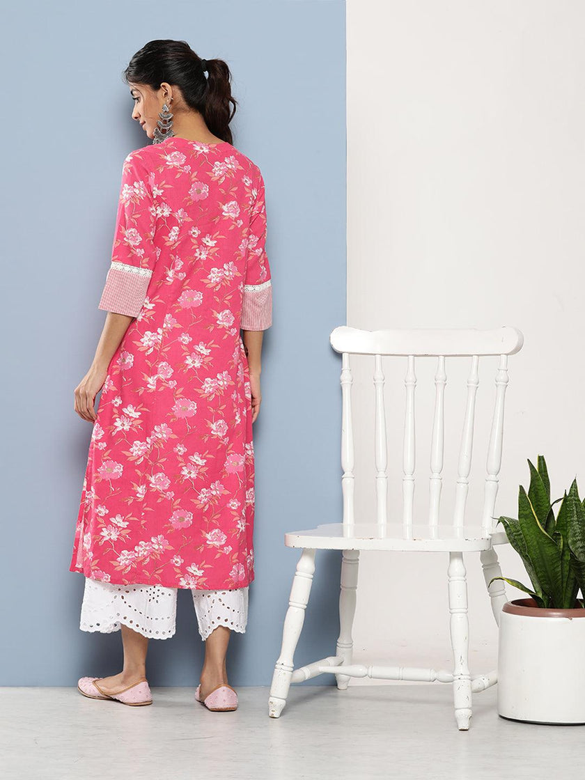 Divena Pink Floral cotton flex A-Line Kurta - divena world