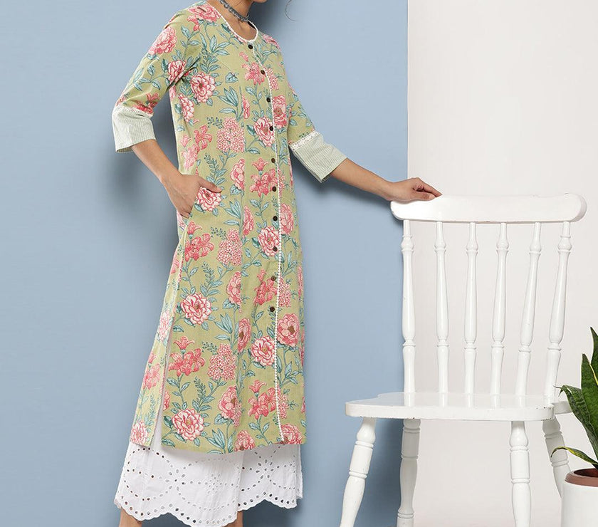 Divena Olive Floral Cotton Flex A-Line Kurta - divena world