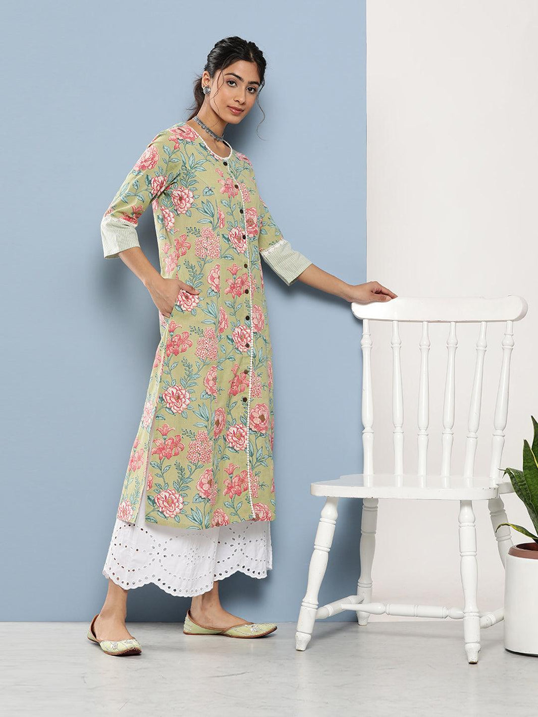 Divena Olive Floral Cotton Flex A-Line Kurta - divena world