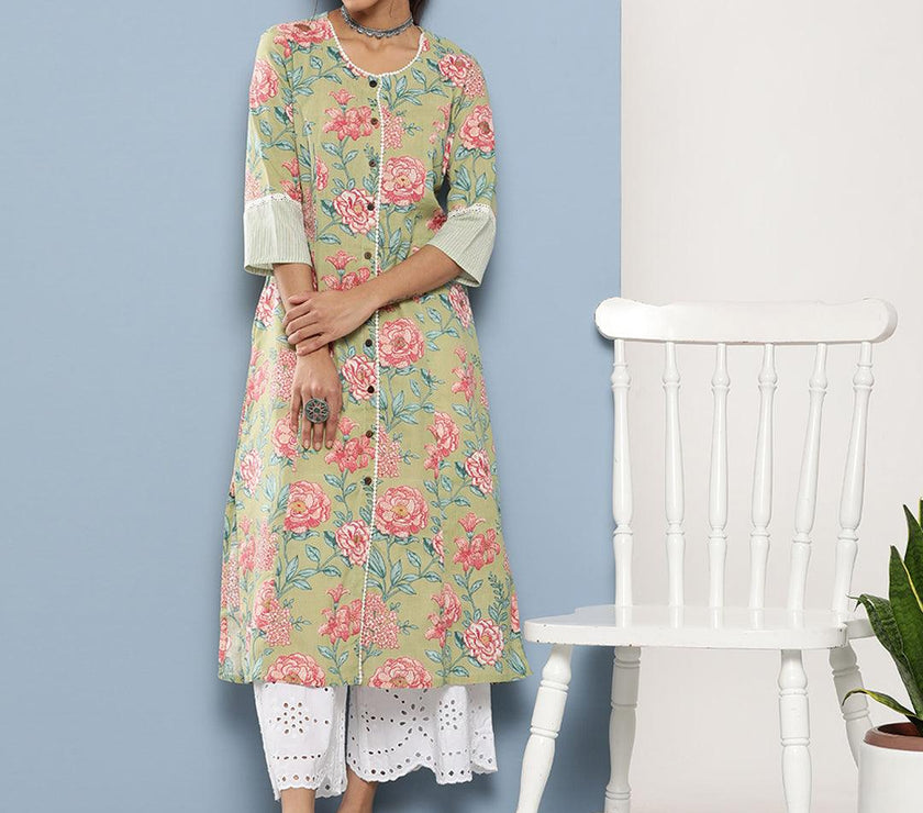 Divena Olive Floral Cotton Flex A-Line Kurta - divena world