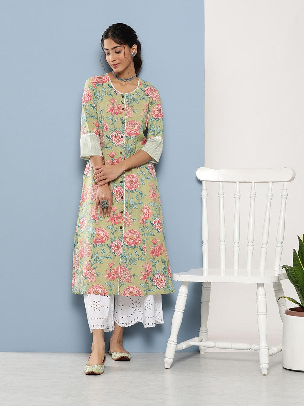 Divena Olive Floral Cotton Flex A-Line Kurta - divena world