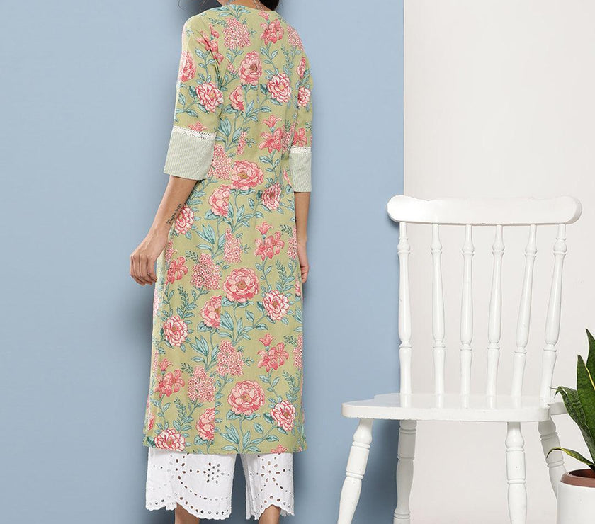 Divena Olive Floral Cotton Flex A-Line Kurta - divena world