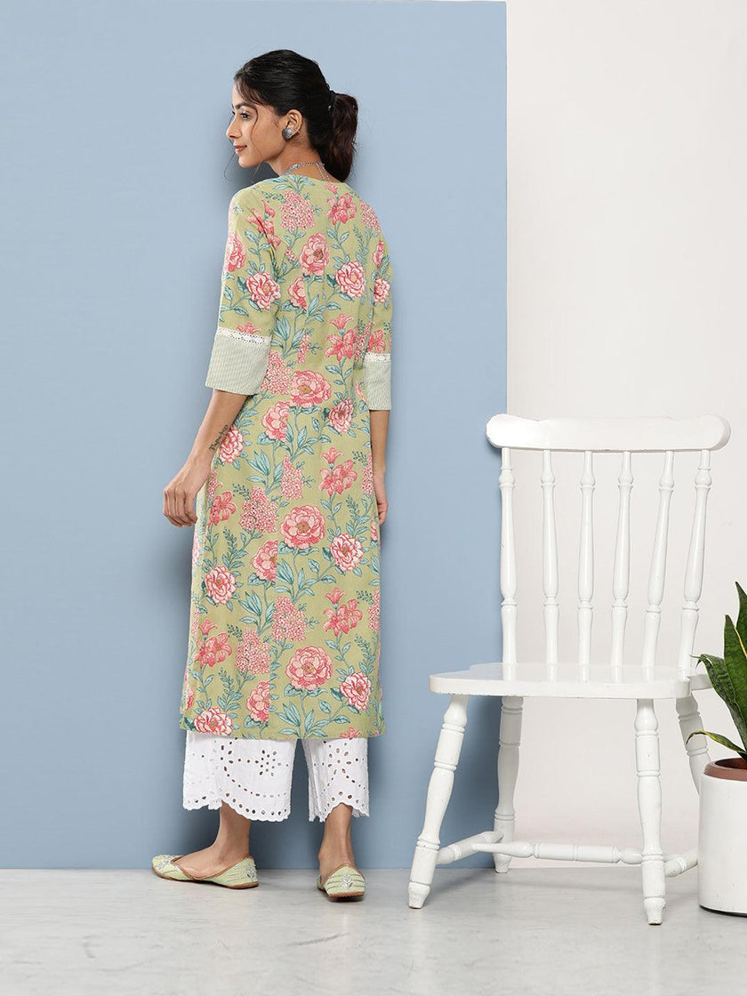 Divena Olive Floral Cotton Flex A-Line Kurta - divena world