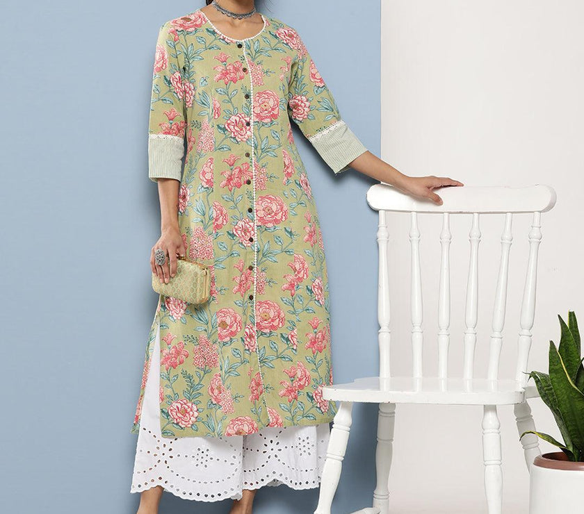 Divena Olive Floral Cotton Flex A-Line Kurta - divena world