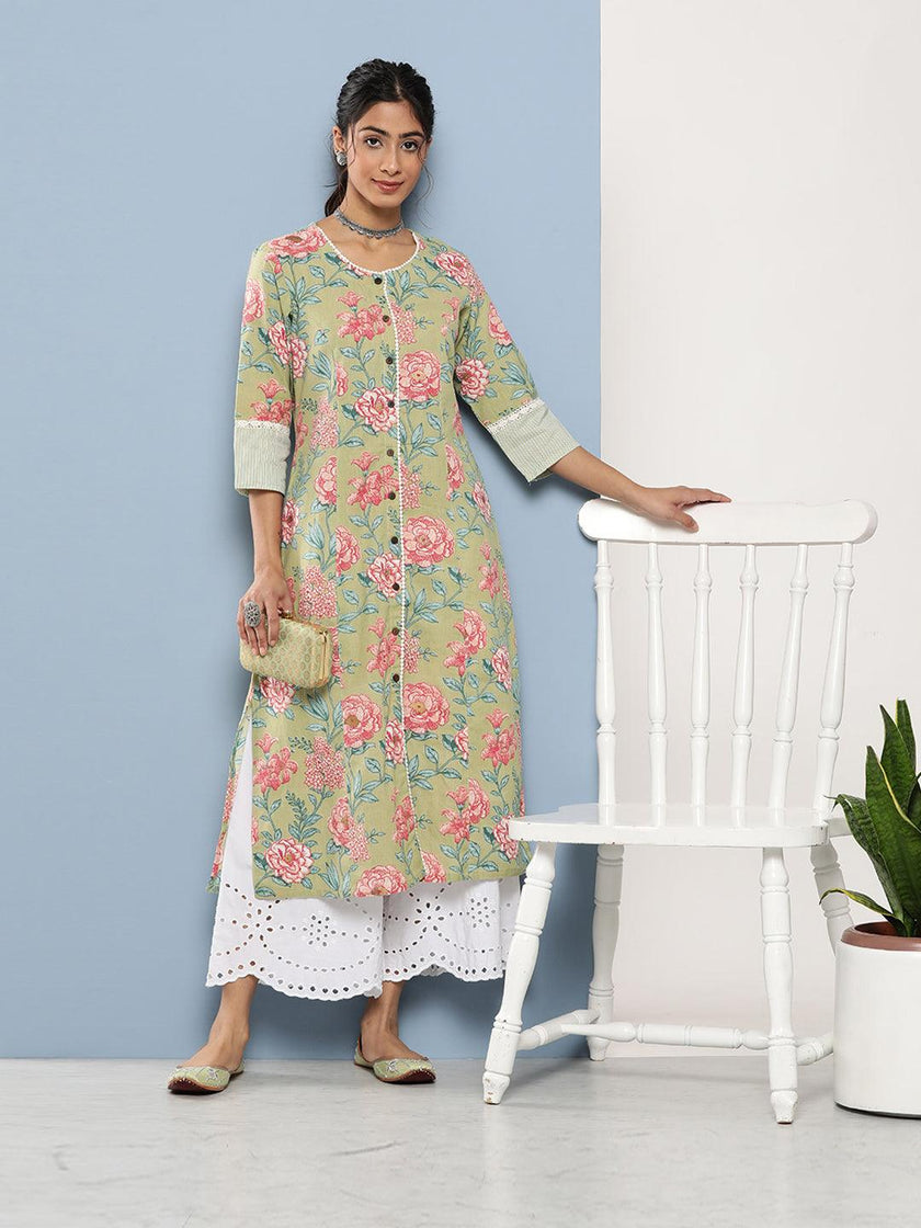 Divena Olive Floral Cotton Flex A-Line Kurta - divena world