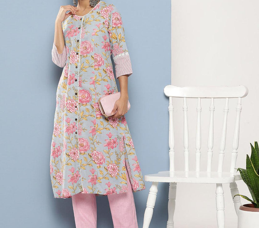 Divena Sky Blue Floral Cotton Flex A-line Kurta - divena world