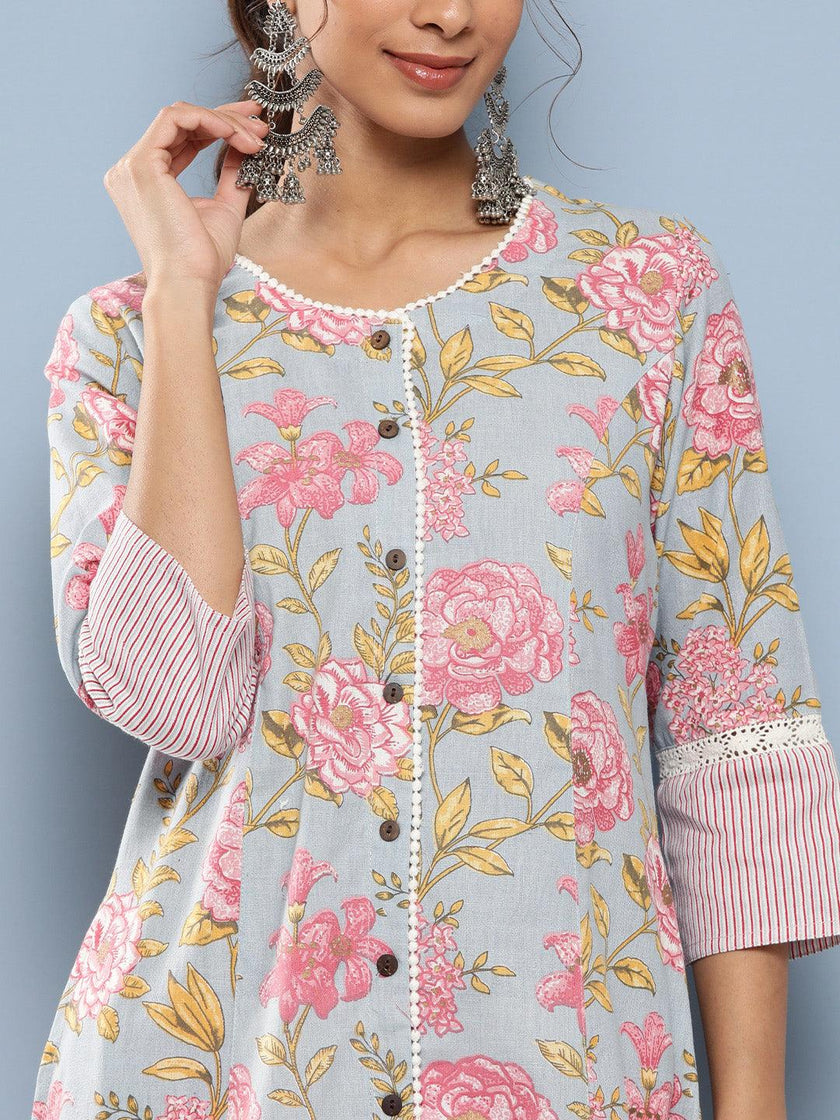 Divena Sky Blue Floral Cotton Flex A-line Kurta - divena world