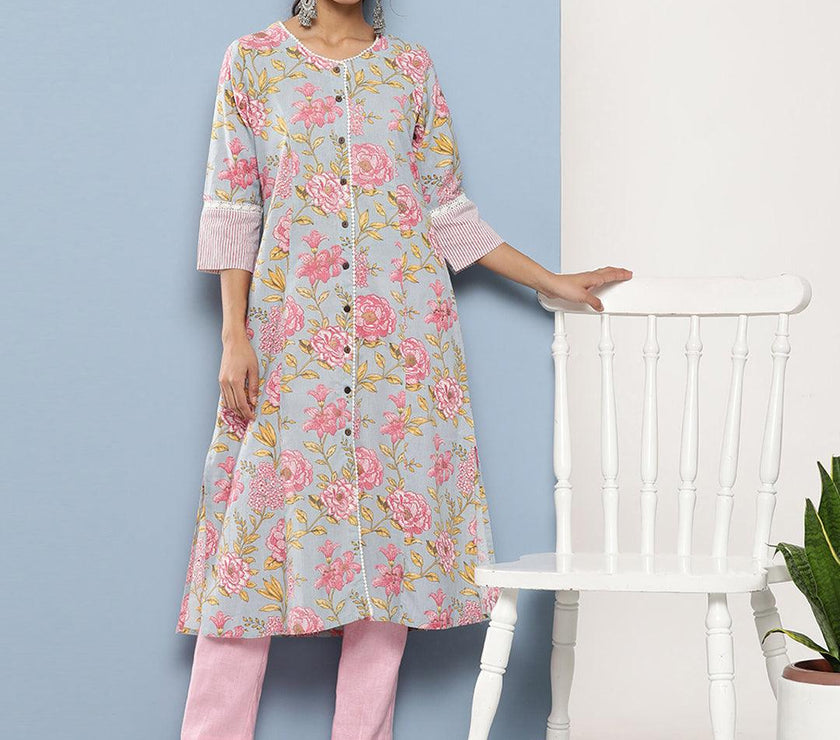 Divena Sky Blue Floral Cotton Flex A-line Kurta - divena world