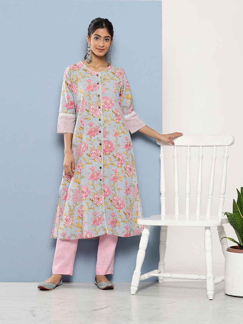 Divena Sky Blue Floral Cotton Flex A-line Kurta - divena world