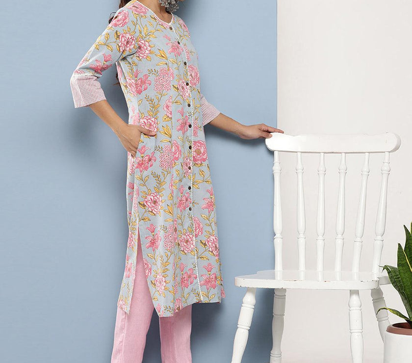 Divena Sky Blue Floral Cotton Flex A-line Kurta - divena world