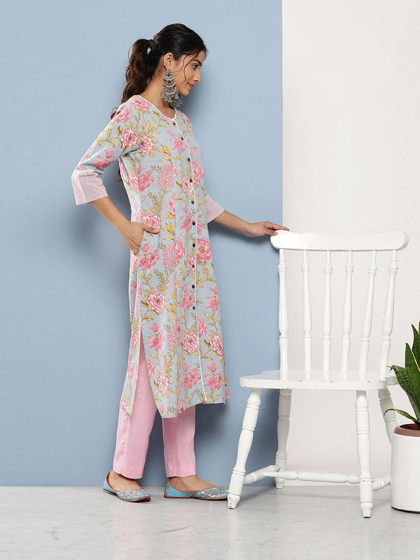 Divena Sky Blue Floral Cotton Flex A-line Kurta - divena world