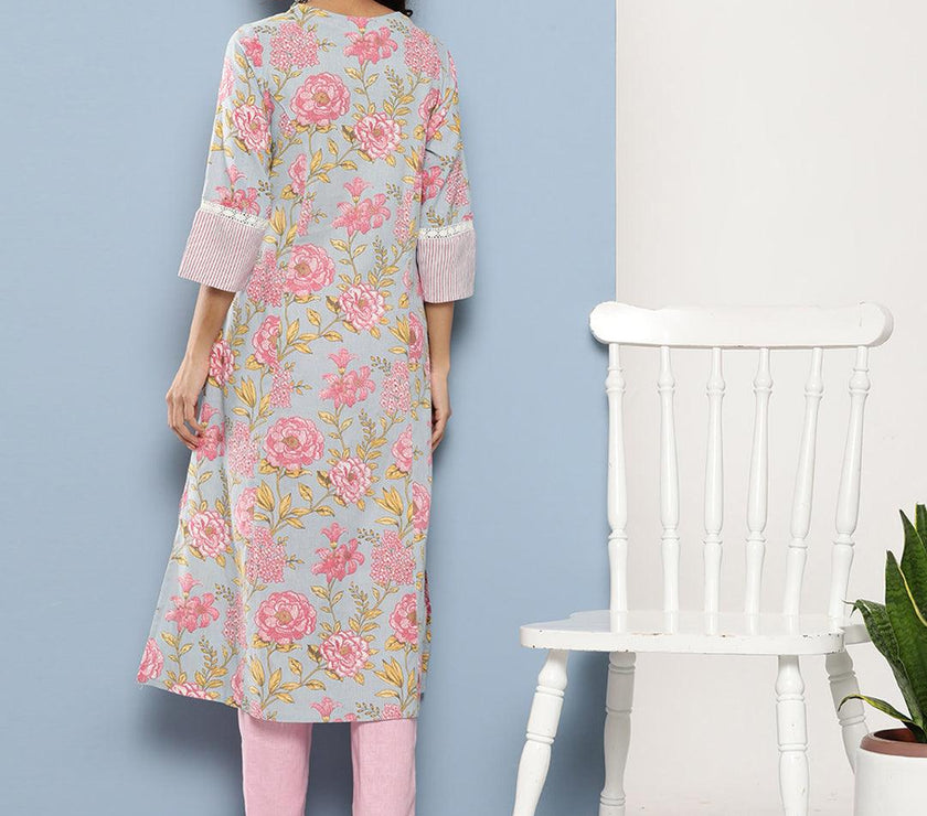 Divena Sky Blue Floral Cotton Flex A-line Kurta - divena world