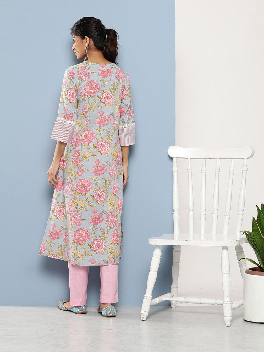 Divena Sky Blue Floral Cotton Flex A-line Kurta - divena world