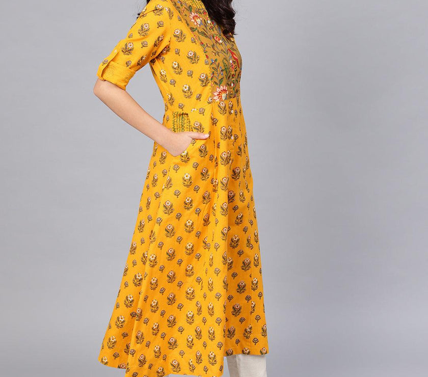 Divena Yellow Printed Long Kurta - divena world