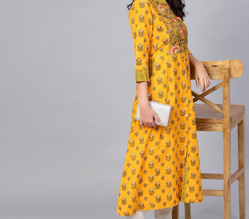 Divena Yellow Printed Long Kurta - divena world