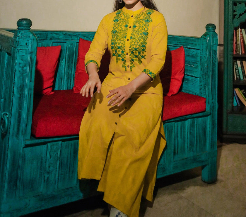 Divena Women's Yellow Regular A-Line Calf Long Kurta - divenaworld.com