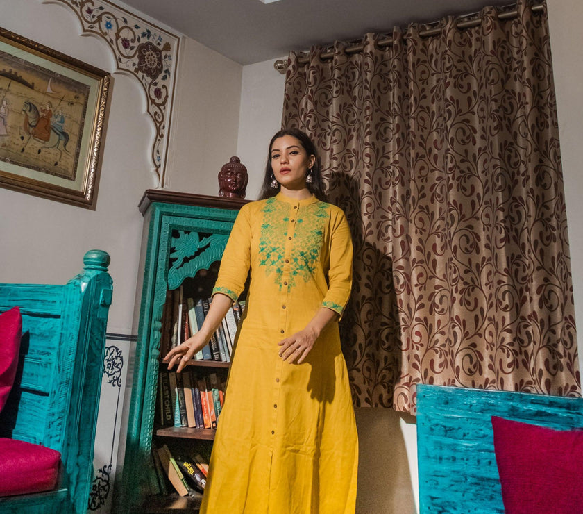 Divena Women's Yellow Regular A-Line Calf Long Kurta - divenaworld.com