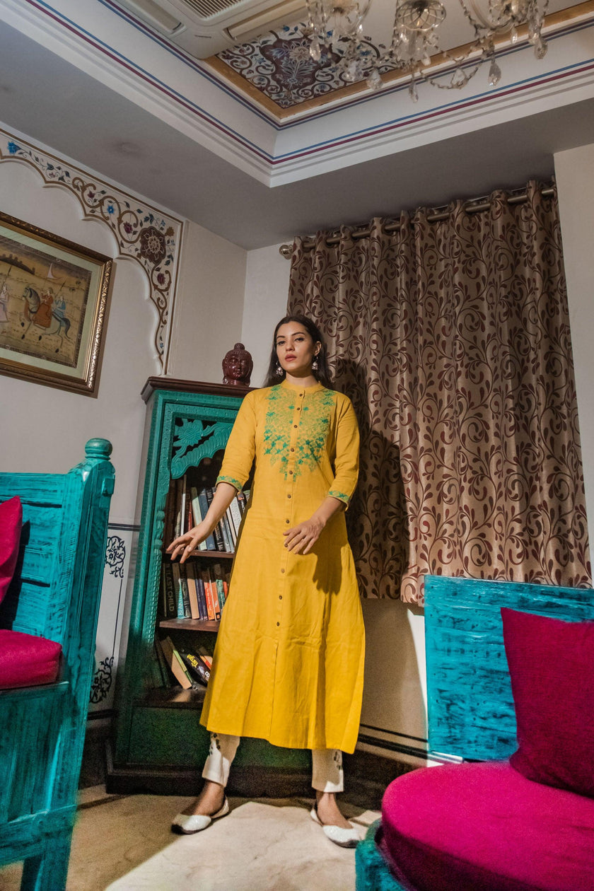 Divena Women's Yellow Regular A-Line Calf Long Kurta - divenaworld.com