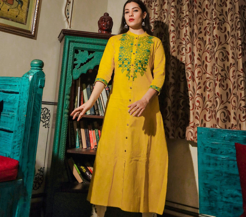 Divena Women's Yellow Regular A-Line Calf Long Kurta - divenaworld.com