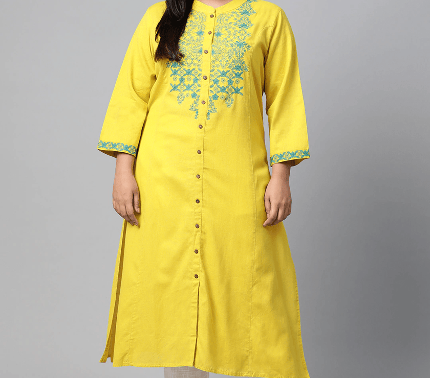 Plus Size Women's Yellow Regular A-Line Calf Long Kurta - divena world