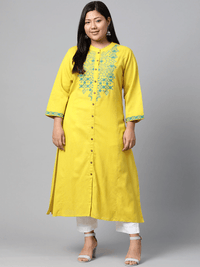 Plus Size Women's Yellow Regular A-Line Calf Long Kurta - divena world