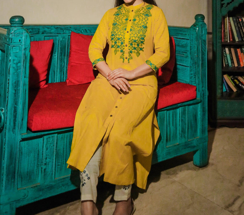 Divena Women's Yellow Regular A-Line Calf Long Kurta - divenaworld.com