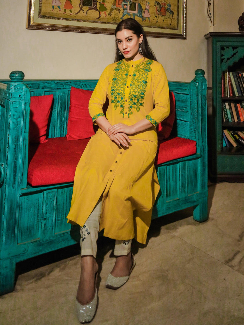 Divena Women's Yellow Regular A-Line Calf Long Kurta - divenaworld.com